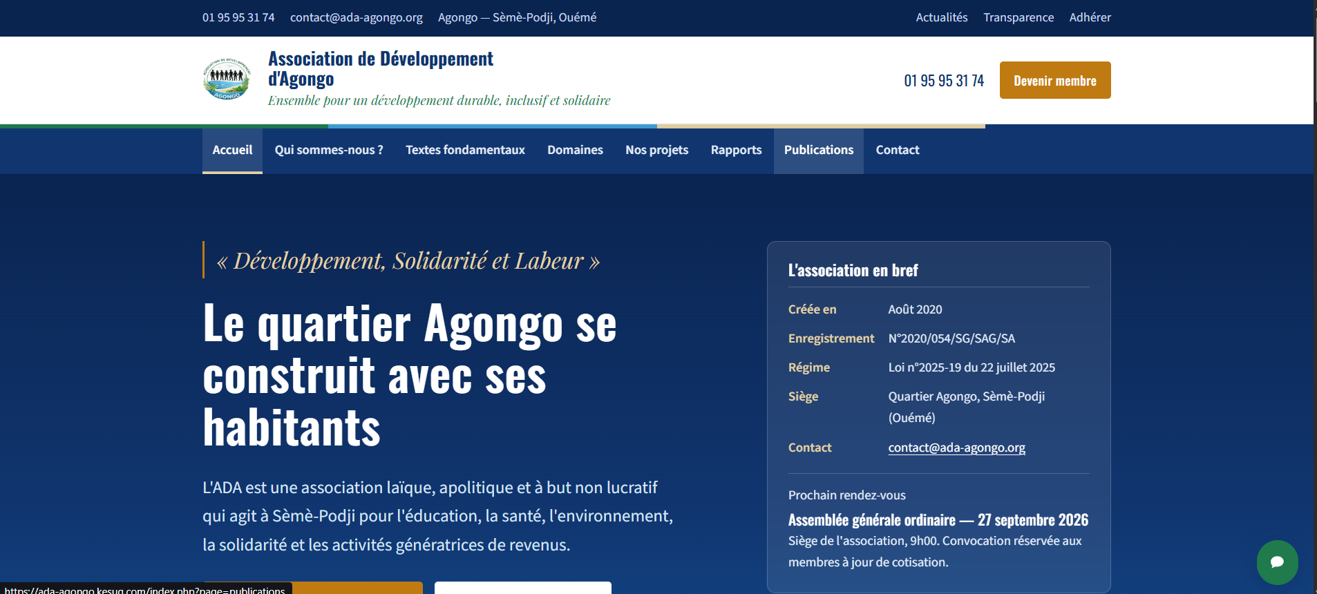 Aperçu de l’application web dynamique ADA Agongo